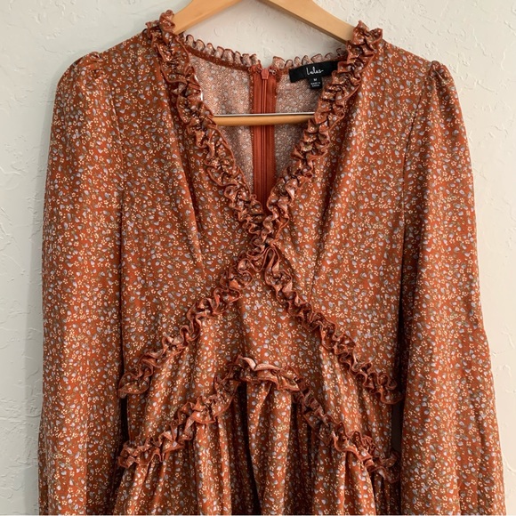 Lulu’s Admire You Orange Brown Floral Print Ruffled Long Sleeve Mini Dress M - Picture 3 of 10